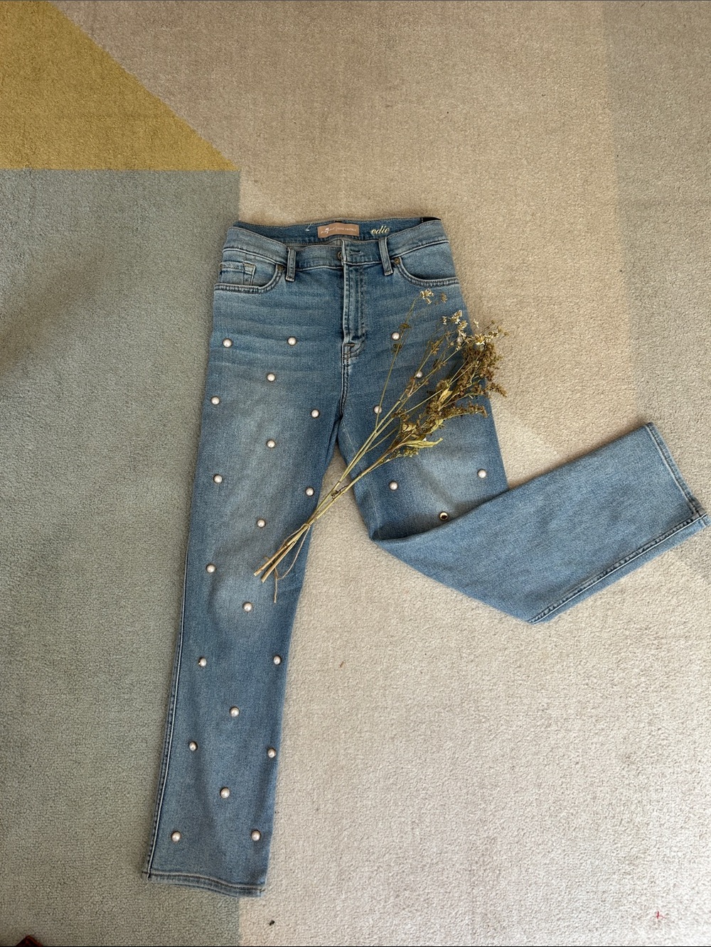 7 for All Mankind Embellished Light Blue Straight-Leg Jeans with Pearl Accents